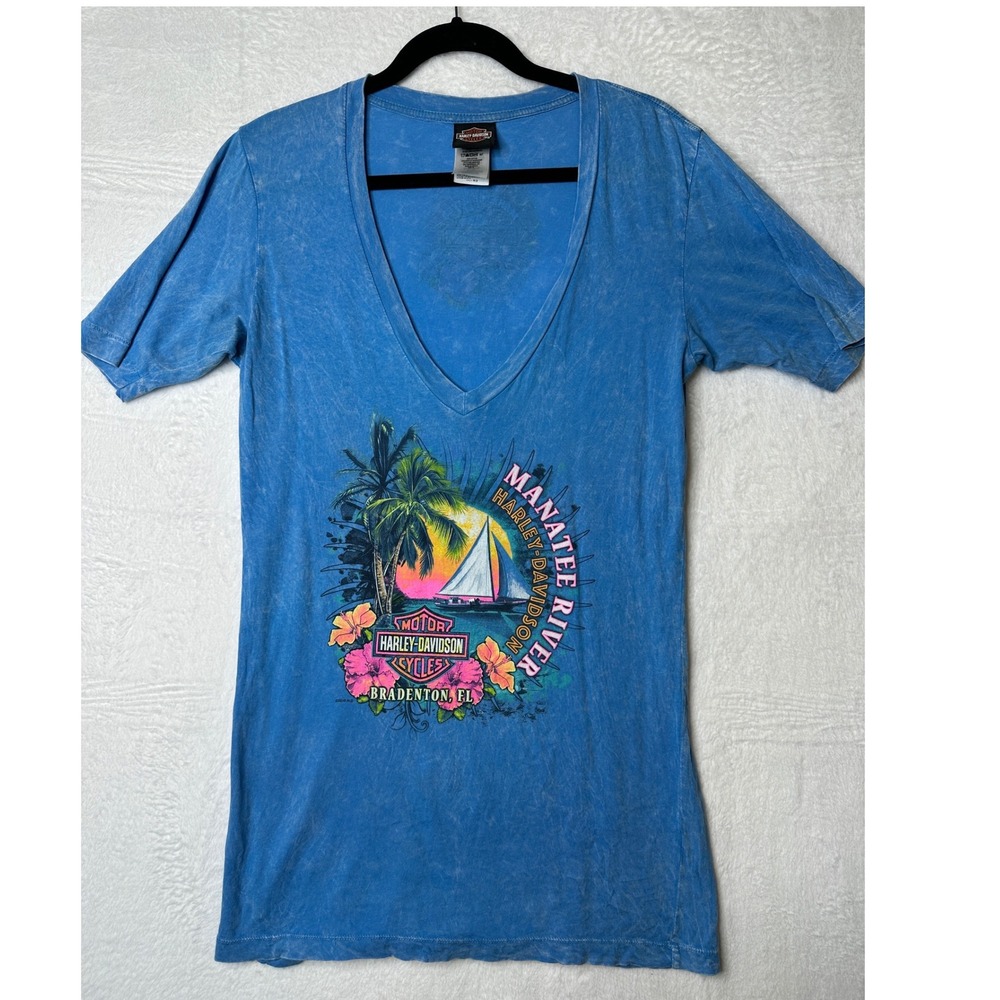 Harley Davidson Manatee River Bradenton FL Blue Acid Wash V-Neck T-Shirt XL